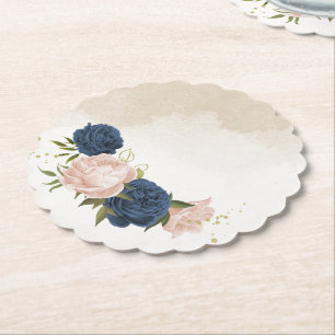Dessous-de-verre En Papier fleurs roses marine feuilles vertes mariage
