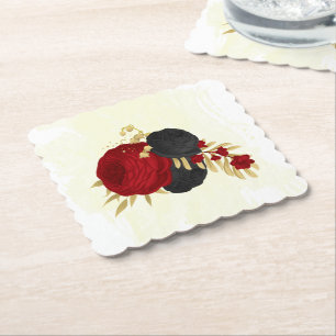 Dessous-de-verre En Papier fleurs rouge foncé et noires or