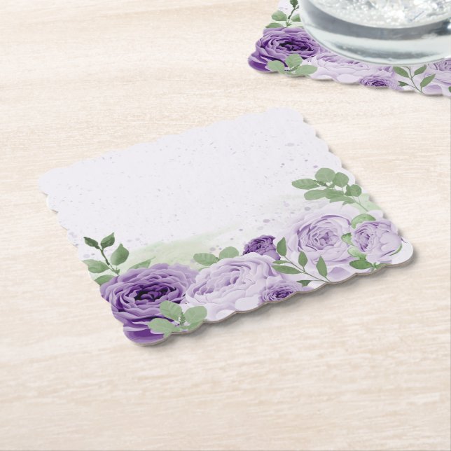 Dessous-de-verre En Papier fleurs violettes romantiques vert feuille botaniqu (Incliné)