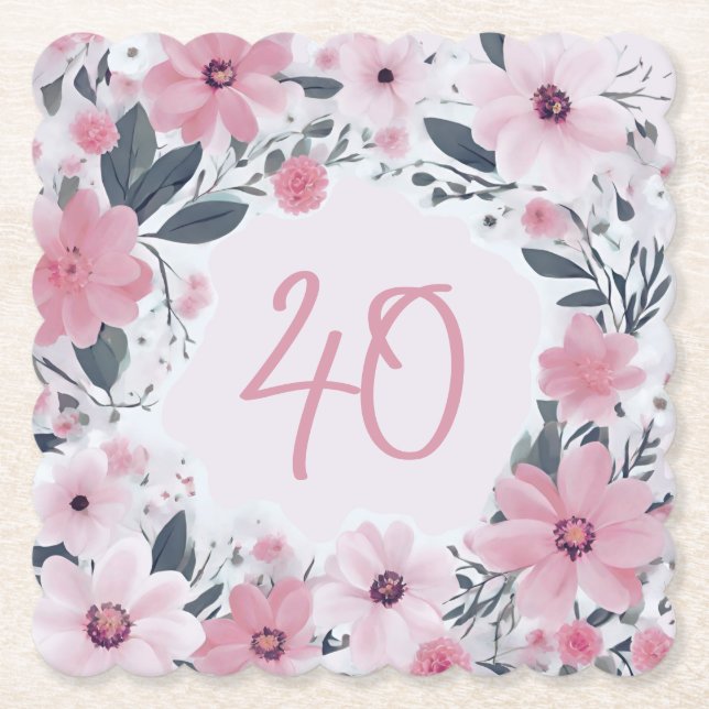 Dessous-de-verre En Papier Floral 40e fête d'anniversaire Pastel Fleurs roses (Devant)