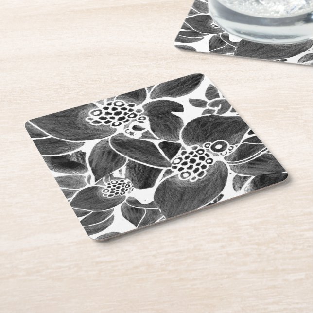 Dessous-de-verre En Papier Floral noir blanc (Incliné)