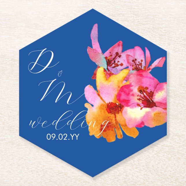 Dessous-de-verre En Papier Floraux lumineux Monogramme bleu Mariage (Devant)