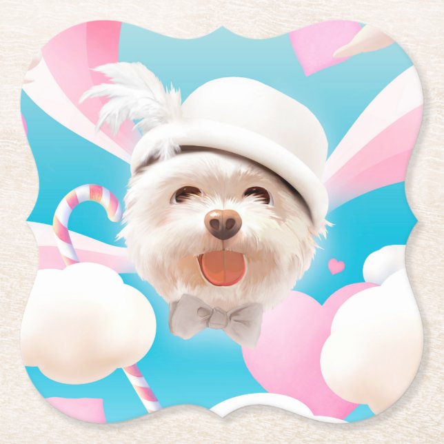 Dessous-de-verre En Papier Fluffy Dog avec Casquette blanc (Devant)