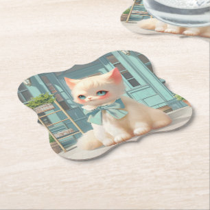 Dessous-de-verre En Papier Fluffy Kitten avec Blue Bow à la pâtisserie