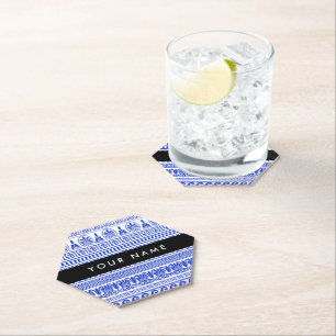 Dessous-de-verre En Papier Fret grec, Clé de méandre mixte, Bleu, Votre Nom