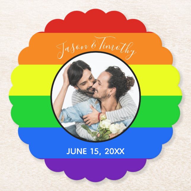 Dessous-de-verre En Papier Gay pride Rainbow Custom Couple Photo Bold Mariage (Devant)