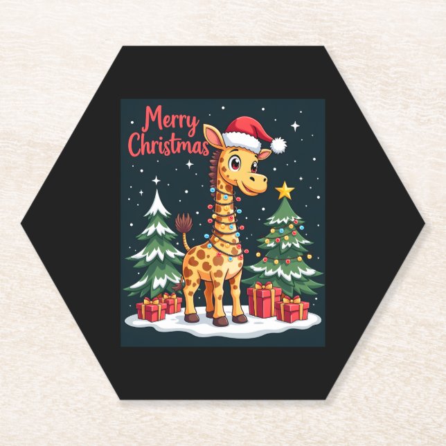 Dessous-de-verre En Papier Giraffe Joyeux sapin de Noël Éclairage Père Noël G (Devant)