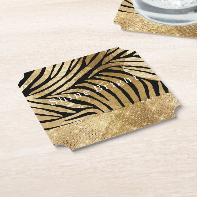 Dessous-de-verre En Papier Glam Gold Black Zebra Animal Glitzy Étincelle (Incliné)