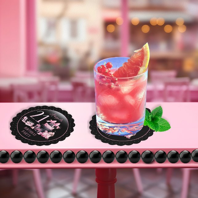 Dessous-de-verre En Papier Glam Pink Black Fashion 21ème anniversaire (Glam Pink and Black French Couture Fashion 21st Birthday Party Coasters)