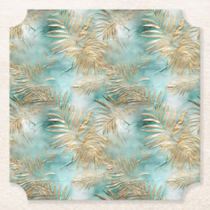 Dessous-de-verre En Papier Gold Aqua White Feuilles tropicaux
