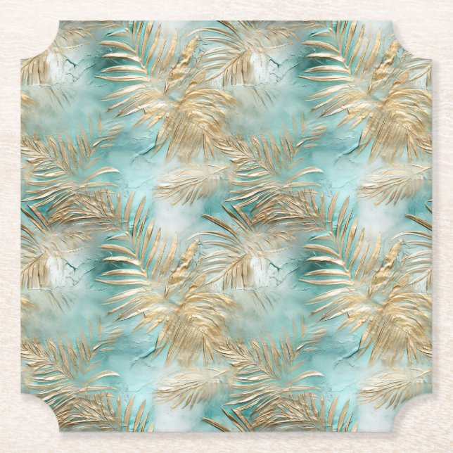 Dessous-de-verre En Papier Gold Aqua White Feuilles tropicaux (Devant)