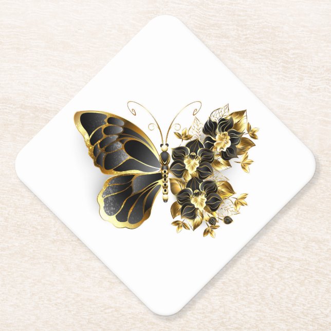 Dessous-de-verre En Papier Gold flower Butterfly with Black Orchid (Devant)