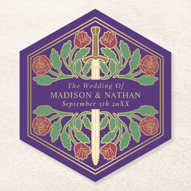 Dessous-de-verre En Papier Gold Purple Royal Medieval Floral Sword Wedding (Devant)