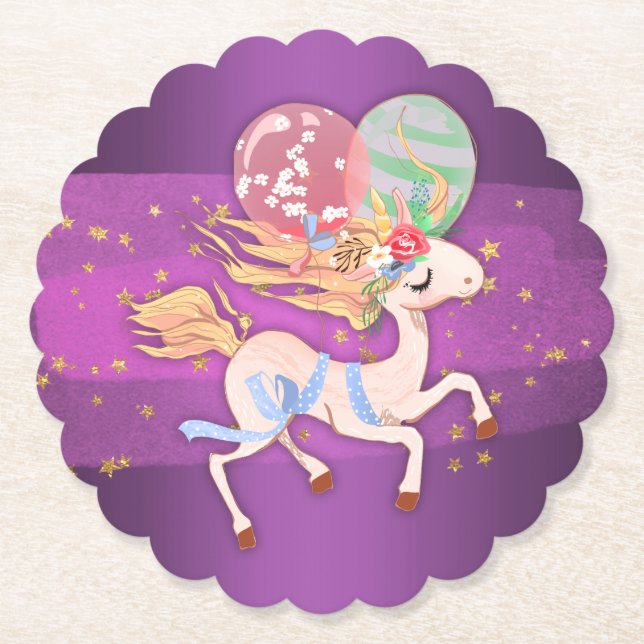 Dessous-de-verre En Papier Gold Stars et Purple Unicorn (Devant)
