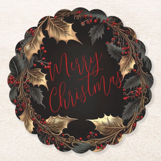 Dessous-de-verre En Papier Golden Holly Wreath – Elegant Christmas (Devant)