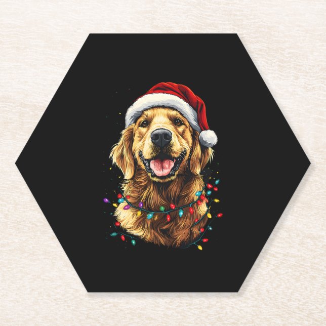 Dessous-de-verre En Papier Golden Retriever Funny dog Christmas Santa Hat lig (Devant)