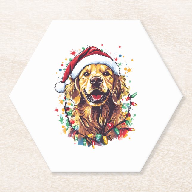 Dessous-de-verre En Papier Golden Retriever Funny dog Christmas Santa Hat lig (Devant)