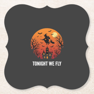 Dessous-de-verre En Papier Graphisme de sorcière d'Halloween volant la nuit_1