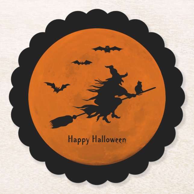 Dessous-de-verre En Papier Halloween Black Wicked Witch Flying Orange Moon (Devant)