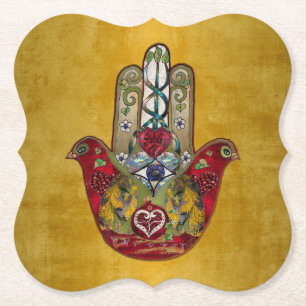 Dessous-de-verre En Papier Hamsa Rouge Oiseau Cœur Grenade Rubis