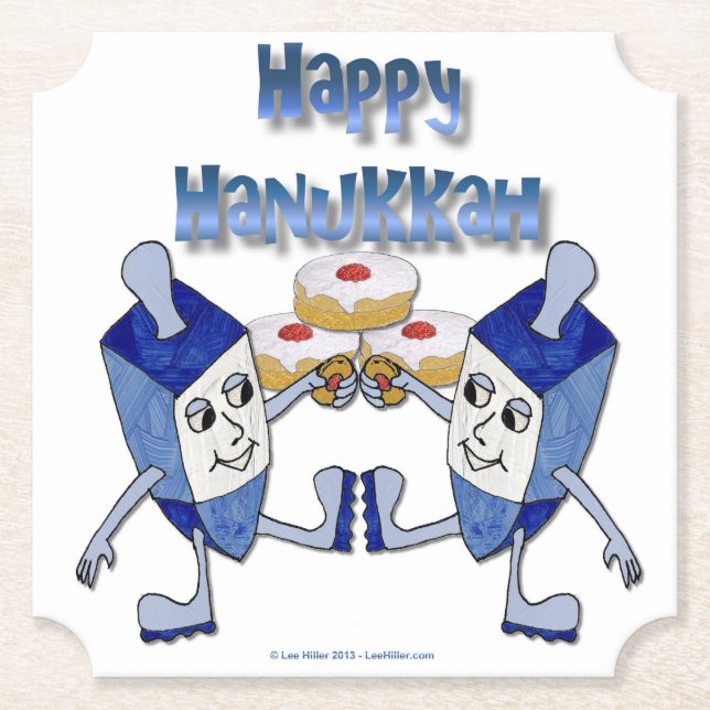 Dessous-de-verre En Papier Hanoukka Dancing Dreidels et Jelly Doughnut (Devant)