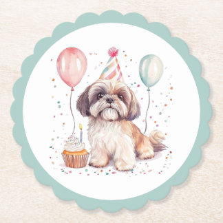 Dessous-de-verre En Papier Happy Birthday Shih Tzu Dogs Cupcake