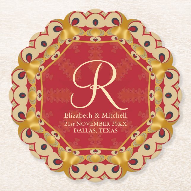 Dessous-de-verre En Papier Hexagon Love Red Gold Monogramme Noms personnalisé (Devant)