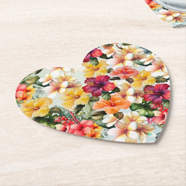 Dessous-de-verre En Papier Hibiscus floral rouge tropical blanc jaune (Incliné)