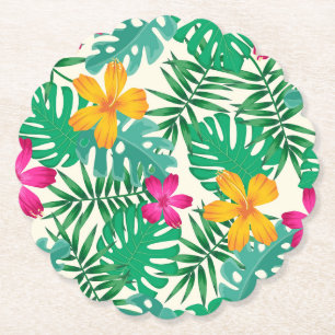 Dessous-de-verre En Papier Hibiscus tropical et feuilles de palmier. Été côti
