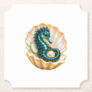 Dessous-de-verre En Papier Hippocampe Turquoise dans Coquille de Pearl Fête O
