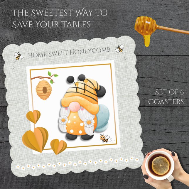 Dessous-de-verre En Papier Home Sweet Honeycomb Bee Gnome Coaster Set (Protect your furniture and bring a buzz of joy to your home with this adorable Bee Gnome Coaster)