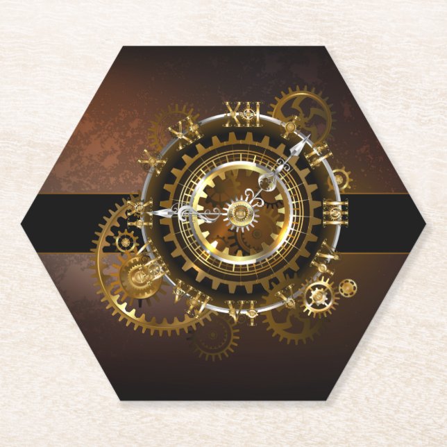 Dessous-de-verre En Papier Horloge Steampunk avec des engrenages anciens (Devant)