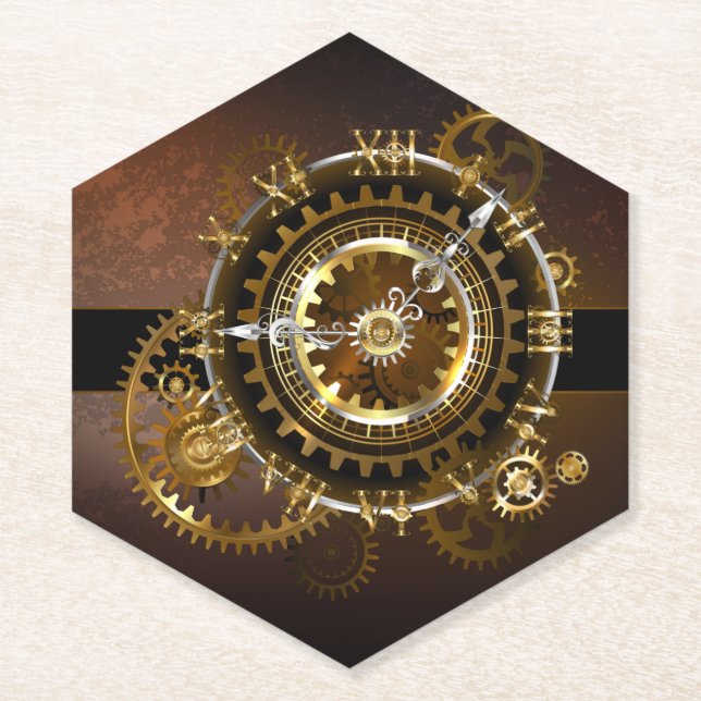 Dessous-de-verre En Papier Horloge Steampunk avec des engrenages anciens (Devant)