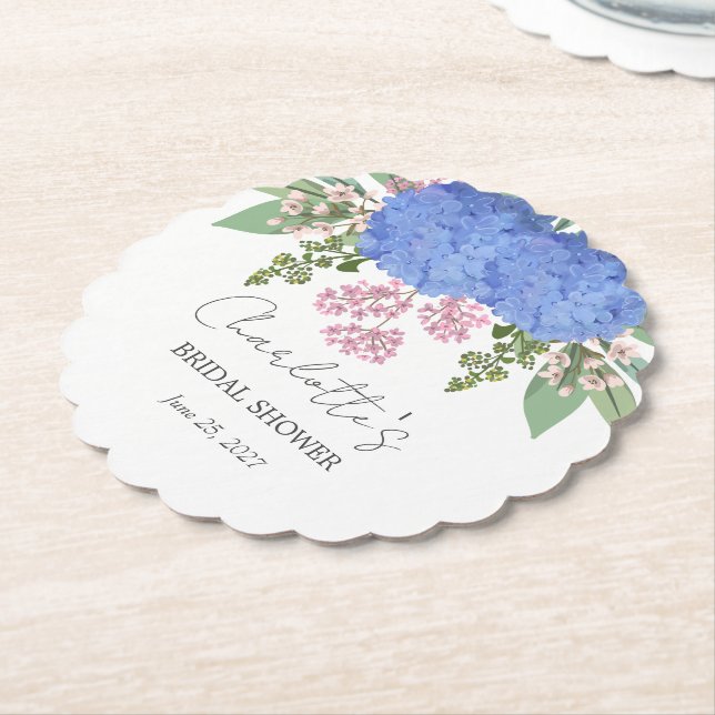 Dessous-de-verre En Papier Hortensia Bleu Moderne  Fête de Mariage Florale (Incliné)