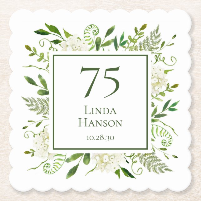 Dessous-de-verre En Papier Hydrangeas blanches pour 75e anniversaire (Devant)