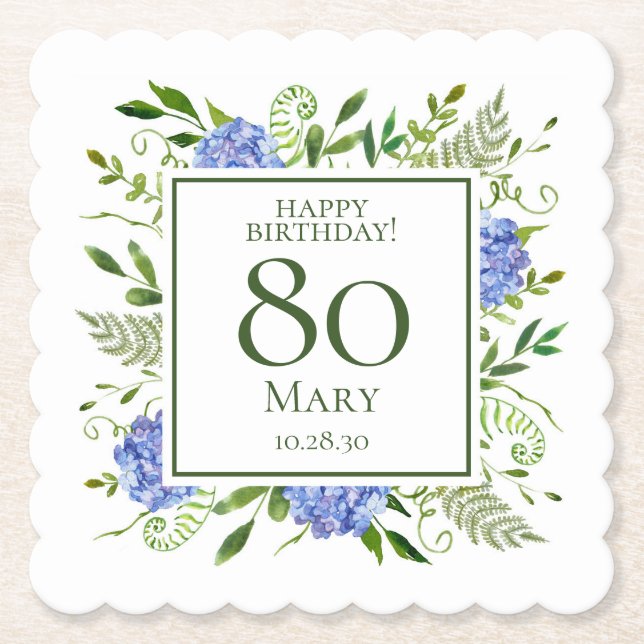 Dessous-de-verre En Papier Hydrangeas bleues pour 80e anniversaire (Devant)