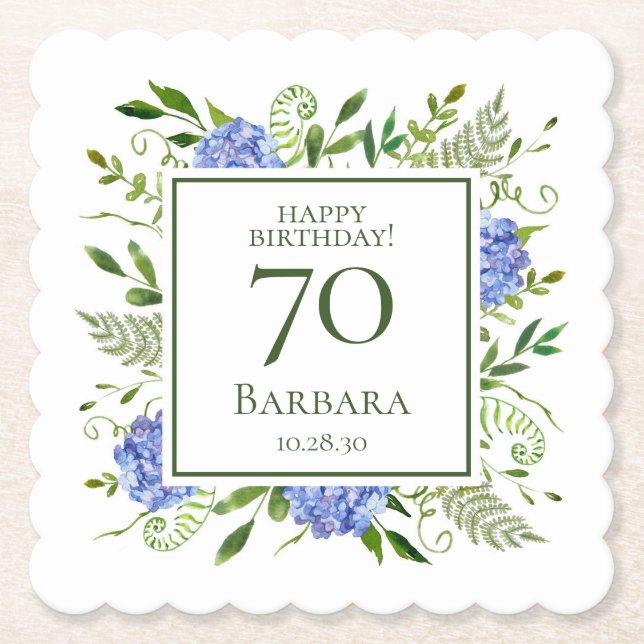 Dessous-de-verre En Papier Hydrangeas bleus pour 70e anniversaire (Devant)