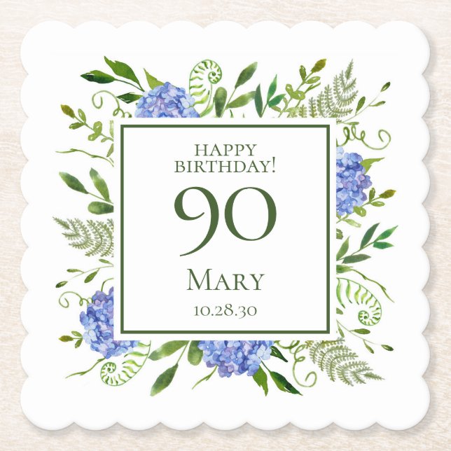 Dessous-de-verre En Papier Hydrangeas bleus pour 90e anniversaire (Devant)
