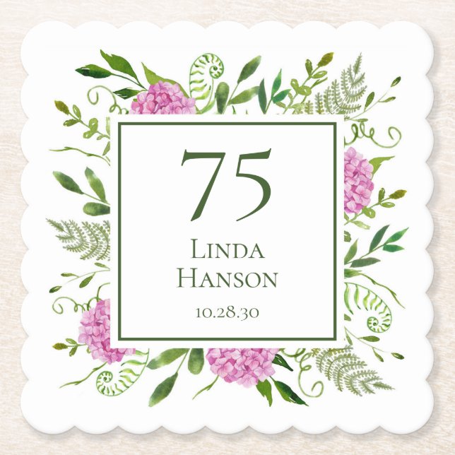 Dessous-de-verre En Papier Hydrangeas roses pour 75e anniversaire (Devant)