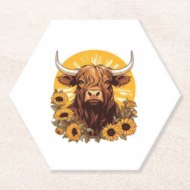 Dessous-de-verre En Papier Illustration d'une vache des Highlands avec Sunflo (Devant)