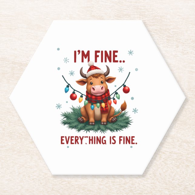 Dessous-de-verre En Papier I'm Fine Everything is Fine Christmas Highland Cow (Devant)