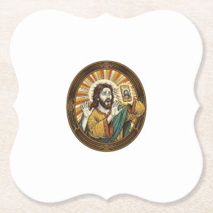 Dessous-de-verre En Papier Jesus Selfie Accidentel avec Double Menton Caméra 