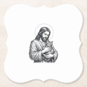 Dessous-de-verre En Papier Jésus vintage tenant un chat gravure graphique_1