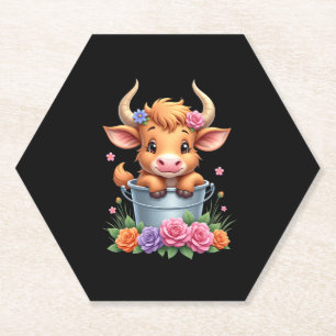 Dessous-de-verre En Papier Joli bébé vache des Highlands avec fleurs Veau Ani