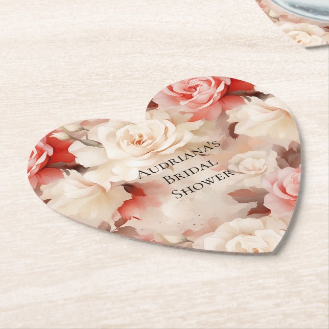 Dessous-de-verre En Papier Jolie crème rose blush floral Fête de mariage (Incliné)