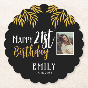 Dessous-de-verre En Papier Joyeux 21e anniversaire Gold Foliage Photo Party