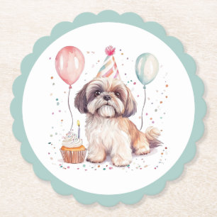 Dessous-de-verre En Papier Joyeux Anniversaire Gâteau Cupcake Chiens Shih Tzu
