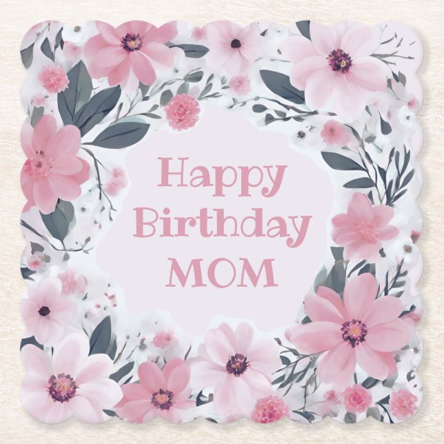 Dessous-de-verre En Papier Joyeux anniversaire Maman Pastel Fleurs roses | Fl (Devant)