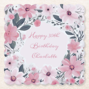 Dessous-de-verre En Papier Joyeux Anniversaire Nom Pastel Pink Flowers   Flor