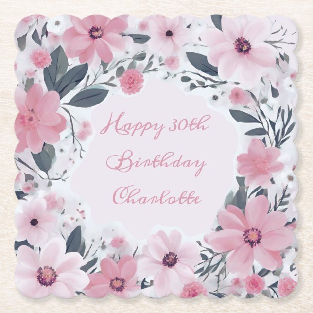 Dessous-de-verre En Papier Joyeux Anniversaire Nom Pastel Pink Flowers | Flor (Devant)